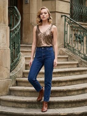 LAUREN RALPH LAUREN SEQUIN BRONZE DOUBLE V-NECK SLEEVELESS TANK TOP SZ 14